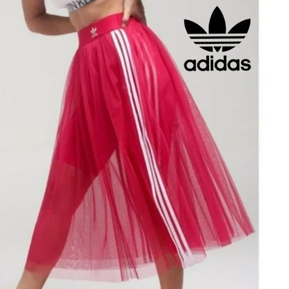 Adidas Red Mesh Midi Skirt with White Stripes - Picture 1 of 14